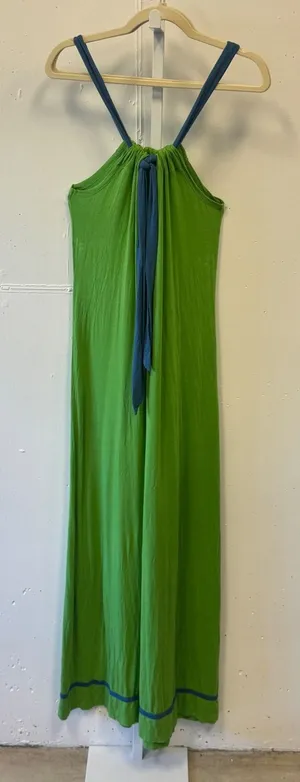 Mick & Mo Lime Green Halter Maxi‎ Dress Blue Trim Rayon Size L Boho Summer thumbnail 1