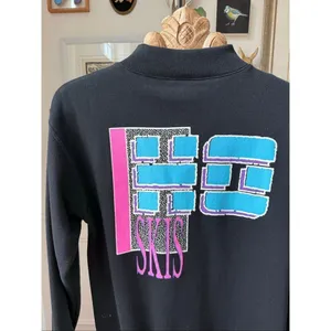 Vintage 80s 90s Ho Skis 1/4 Zip Tunic Sweatshirt Black Neon Pink Blue L thumbnail 3