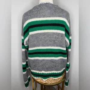 Urban Outfitters Sweater Knit Boyfriend Crewneck Gray Green Striped Fall cozy thumbnail 4
