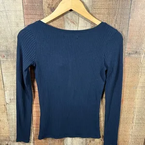 Hollister Y2K Ribbed Henley Top Navy Blue Long Sleeve Fitted Small Shirt Indie thumbnail 5