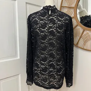 Black Lace High Neck Blouse L Sheer Floral Dark Academia Romantic Victorian Goth thumbnail 2