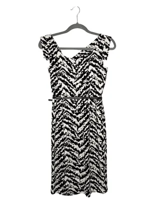 Adrienna Papell Black White Zebra Print Belted Asymmetrical Dress Size 4 thumbnail 2