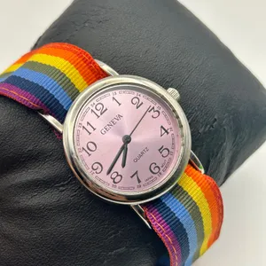 Geneva Silver Multicolored Cloth Band Women’s Watch Working New Battery thumbnail 3