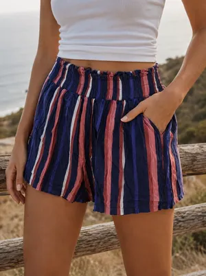 Angie Striped High Rise‎ Elastic Waist Shorts Navy Red Pink Small thumbnail 1