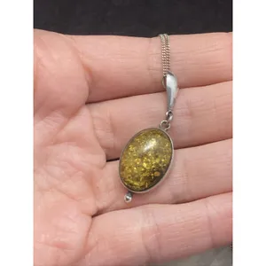Vintage Oval‎ Green Baltic Amber Sterling Silver 925 Pendant 18'' Necklace 4.5g thumbnail 7