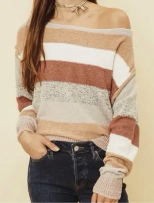 Free People Candyland Striped Pullover Sweater Ivory Soft Girl Knit Top Sz M thumbnail 1