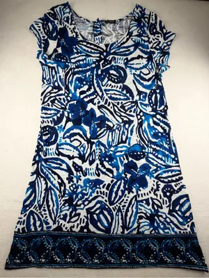 Lucky Brand Blue Tropical Print‎ Knit Mini Dress Boho Shift thumbnail 2
