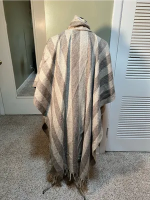 Vintage Women's Shawl Poncho Tan Brown Stripes Fringe Wool Blanket Tie Neck Boho thumbnail 5