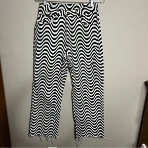 The Ragged Priest Black and White Wave Psychedelic Groovy Raw Hem Wide Leg Jeans thumbnail 3
