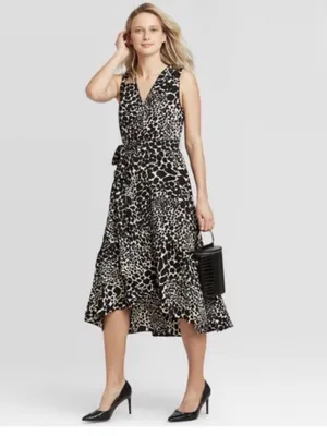 NWT Who What Wear Swirling Leopard Wrap Ruffle High Low Maxi Dress XS thumbnail 13