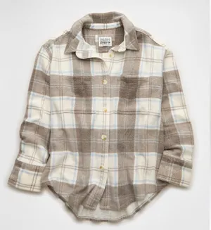 American Eagle Oversized Plaid Shirt‎ Jacket Fleece Brown White Blue Size Medium thumbnail 1