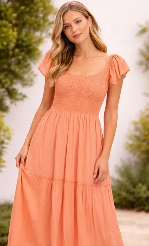 Sincerely Jules Milkmaid Tiered Maxi Dress Sleeveless Flutter Sleeve Coral Large thumbnail 1
