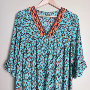 Women's Boho Floral Midi Dress L Turquoise Peasant Hippie Resort Empire Waist thumbnail 10