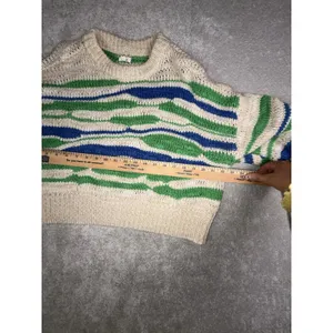 Aerie Women's M Cream Green Blue Wavy Stripe Cropped Knit Sweater Wool Blend thumbnail 9