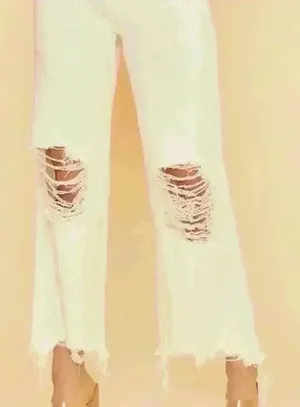 Distressed Wide Leg‎ High Rise White Jeans thumbnail 1