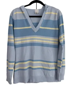 Joie Blue Striped Knit V-Neck Pullover Hoodie Sweater XS NWOT‎ CNO10011 Nautical thumbnail 1