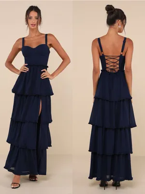 LULU’S Sophisticated Occasion Navy Blue Bustier Lace-Up Maxi Dress thumbnail 2