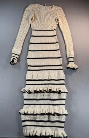 Kivari Cream Black Striped Ruffle Knit Maxi Dress Long Sleeve Size US 4 thumbnail 1