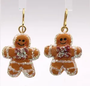 Gingerbread Dangle Earrings Glitter Accents Bows Gold Tone French Hook Pierced thumbnail 1