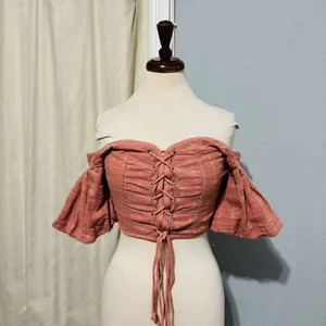 Windsor Women‎ Coral Peasant Lace-Up Off the Shoulder Cottagecore Cropped Top L thumbnail 3