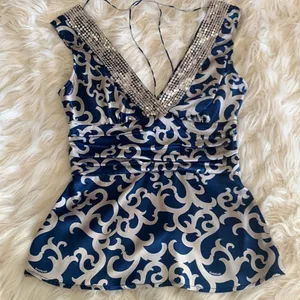 Vintage Y2K Bebe Blue Silver Sequin Silk V-Neck Blouse Tie Back Small thumbnail 1