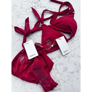 NWT Quince Cherry Red Italian Full Coverage Triangle Bikini Top High Leg Bottom thumbnail 3