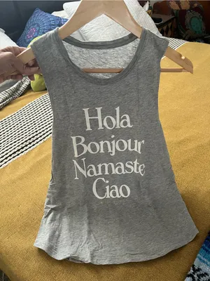 YOGA Shirt, Grey Graphic Muscle Tank Top - Hola Bonjour Namaste Ciao Sz S thumbnail 2
