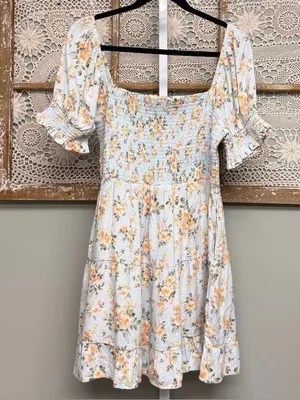 American Eagle Floral Smocked Mini Dress Blue Linen Blend Boho Cottagecore M thumbnail 5