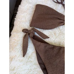 Fiory Beach & Street Brown Crochet Knit Bikini Set Bandeau Top Side Tie Bottom L thumbnail 2