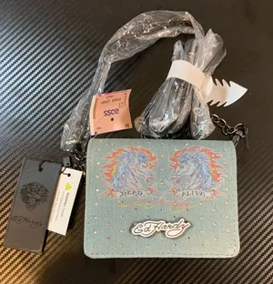 Ed Hardy Crossbody Wallet Women OS Blue NWT Denim Rhinestone Horse Graphic Y2K thumbnail 1