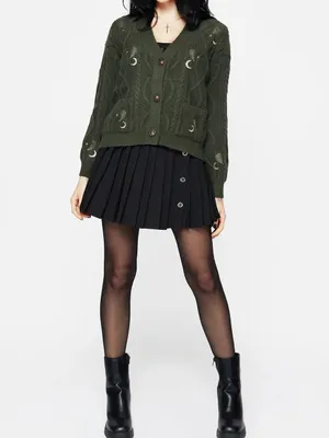 Disturbia Dianne Embroidered Cable Knit Cardigan Moon Star Fern Olive Green Knit thumbnail 9