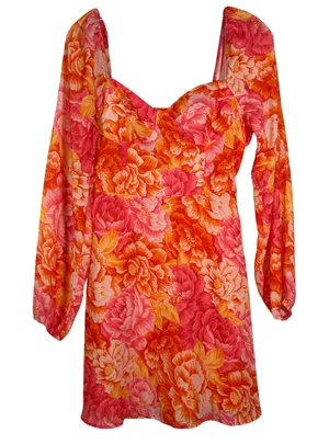 Steve Madden Floral Mini Dress Orange‎ Pink Sweetheart Smocked Back Size 4 thumbnail 1