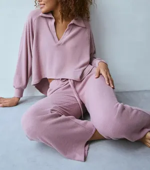 Urban Outfitters Out From Under Cosima Collared Top & Kick Flare Pant SET Mauve thumbnail 1