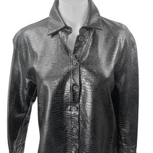 Zara Women's Black Faux Leather Vegan Croc Long Sleeve Button Up Jacket Size S thumbnail 3