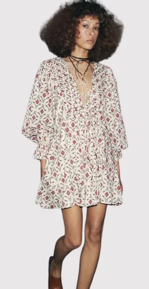 ZARA Mini Dress Beige Floral Puff Sleeve V Neck Lace Up Ruffle A Line Boho XS thumbnail 1