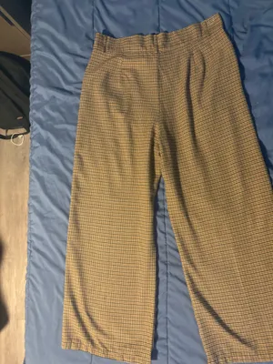 Women's Beige Black Check Pleated Wide-Leg Dress Pants Button Accent XL thumbnail 6