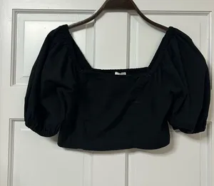 aerie Black Puff Sleeve Square Neck Crop Top thumbnail 1