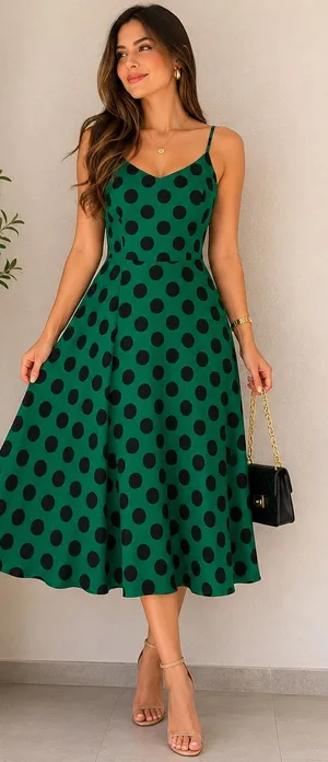 Green Polka Dot Midi Dress with Spaghetti Straps Size M thumbnail 1