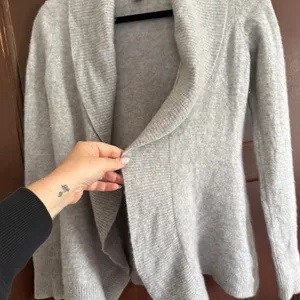 L.L.Bean Heather Gray Cashmere Open Front Cascade Collar Cardigan Sweater Small thumbnail 3