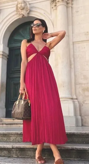 Zara dress maxi boho pleated satin flowy summer vacation wedding evening thumbnail 3