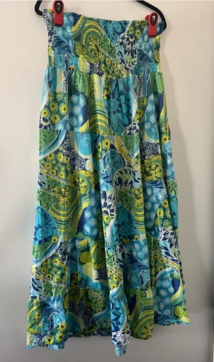 Y2K Tropical Strapless Blue Green Smocked Midi Dress Large 100% Cotton Resort thumbnail 1