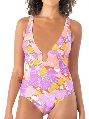 NWT Roxy One Piece Plunge Swimsuit Slimming Tummy Control Lilac Purple Multi XS thumbnail 1