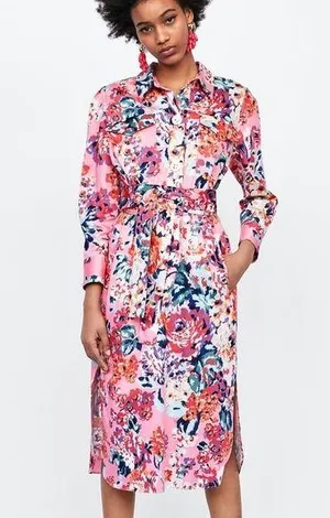 Zara Long Sleeves Side Pockets Floral Print Shirt MIDI Dress Size Small thumbnail 1