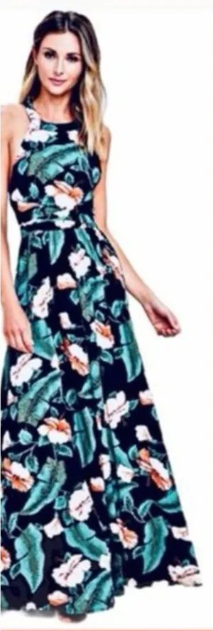 Lulu's Navy Tropical Floral Maxi Dress Crisscross Back Wedding Garden Party M thumbnail 1
