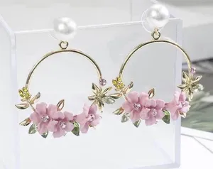Women's Pearl Pink Crystal Flower Dangle Drop Hoop Earrings thumbnail 1