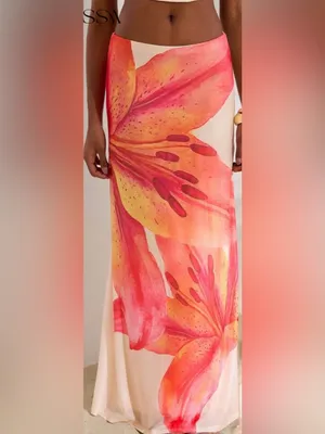Floral Red-Orange Maxi Skirt with Cream Top thumbnail 4