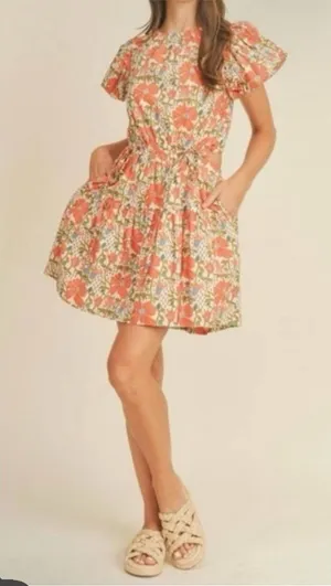 NWT &Merci Cream‎ Orange Floral Puff Sleeve Back Cut Out Lindsay SunDress thumbnail 1