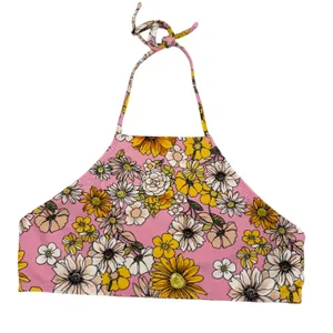 High Neck Halter Bikini Top Women M Pink Yellow Floral Retro‎ Excellent Beach thumbnail 1