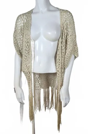 POL Beige Crochet Open Front Cardigan with Fringe Detail, Size Large thumbnail 1