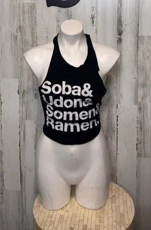 Japanese Noodle Graphic Halter Crop Top Womens S Black Backless Tie Festival thumbnail 1